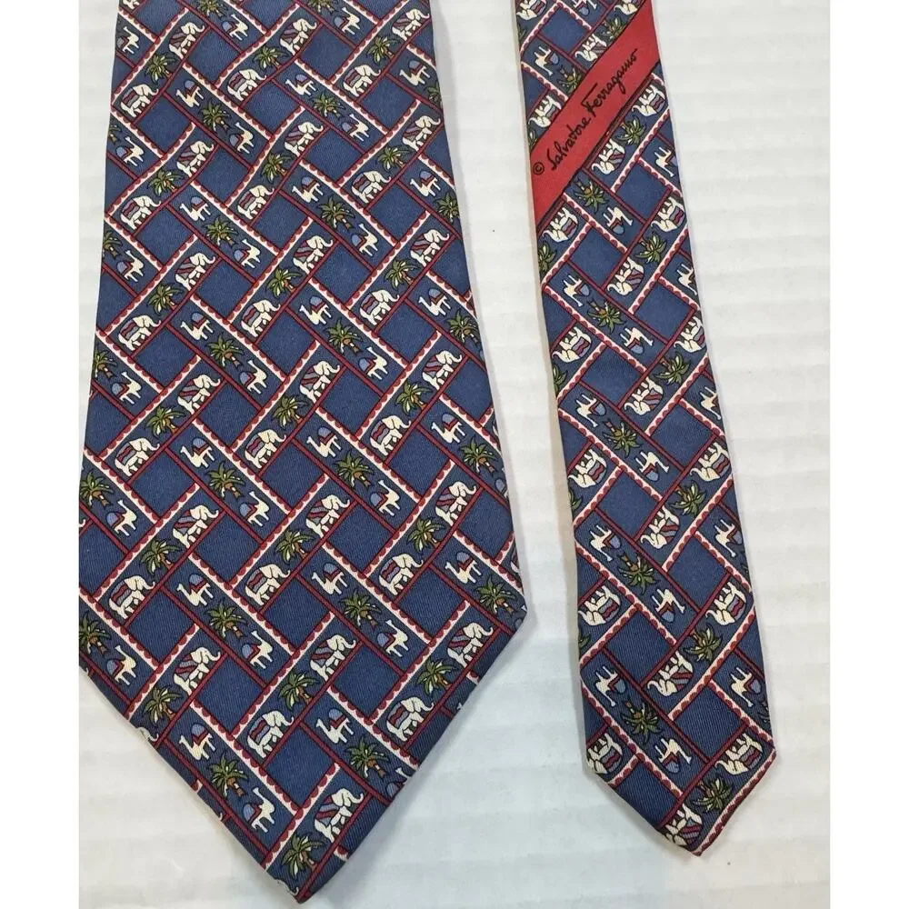 Salvatore Ferragamo Silk Tie Elephants Camels Palms Blue Red Novelty Print Italy